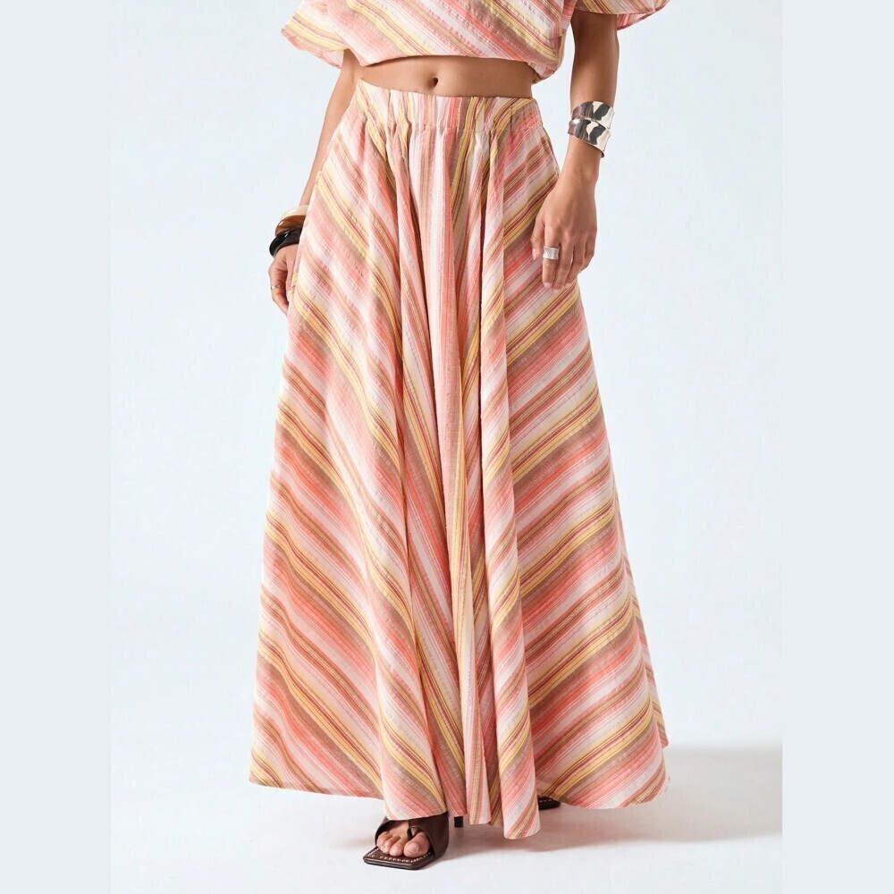 Peach Multicolor Striped Woven A-Line Lightweight Maxi Skirt
